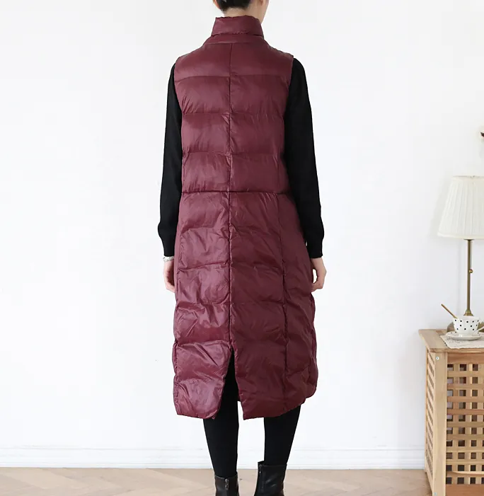 Stand Collar Puffer Coat Long Vest Winter Women Down Jacket 1008