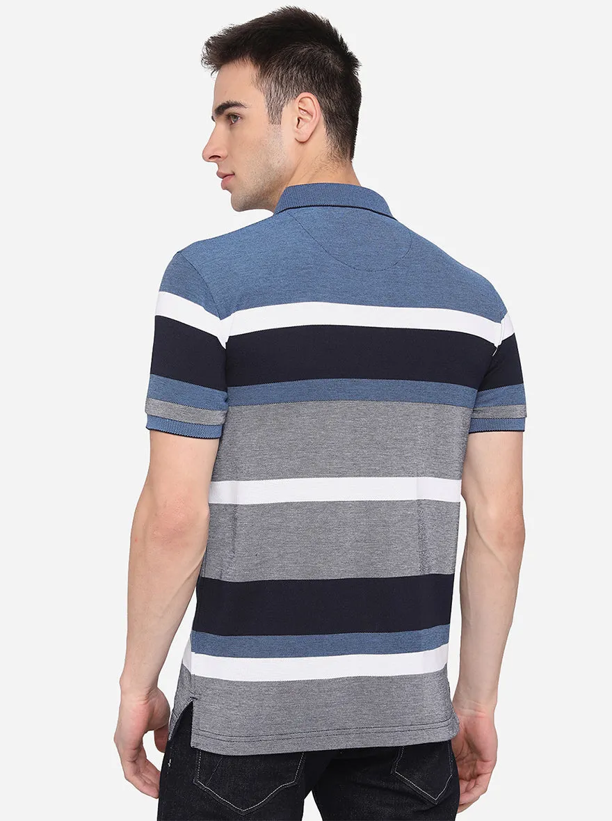 Steel Grey Striped Slim Fit Polo T-Shirt | JadeBlue