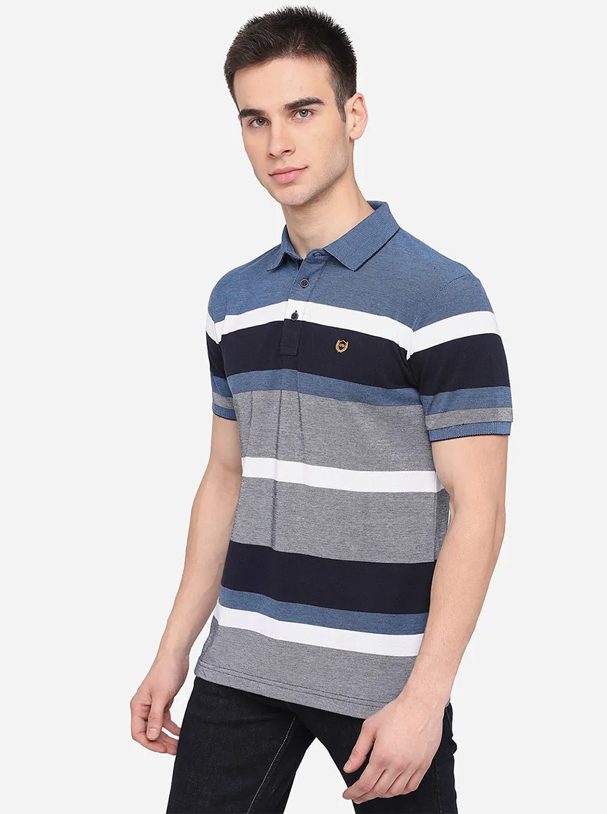 Steel Grey Striped Slim Fit Polo T-Shirt | JadeBlue