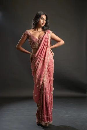 Stripe Embroidered Net Saree With Blouse