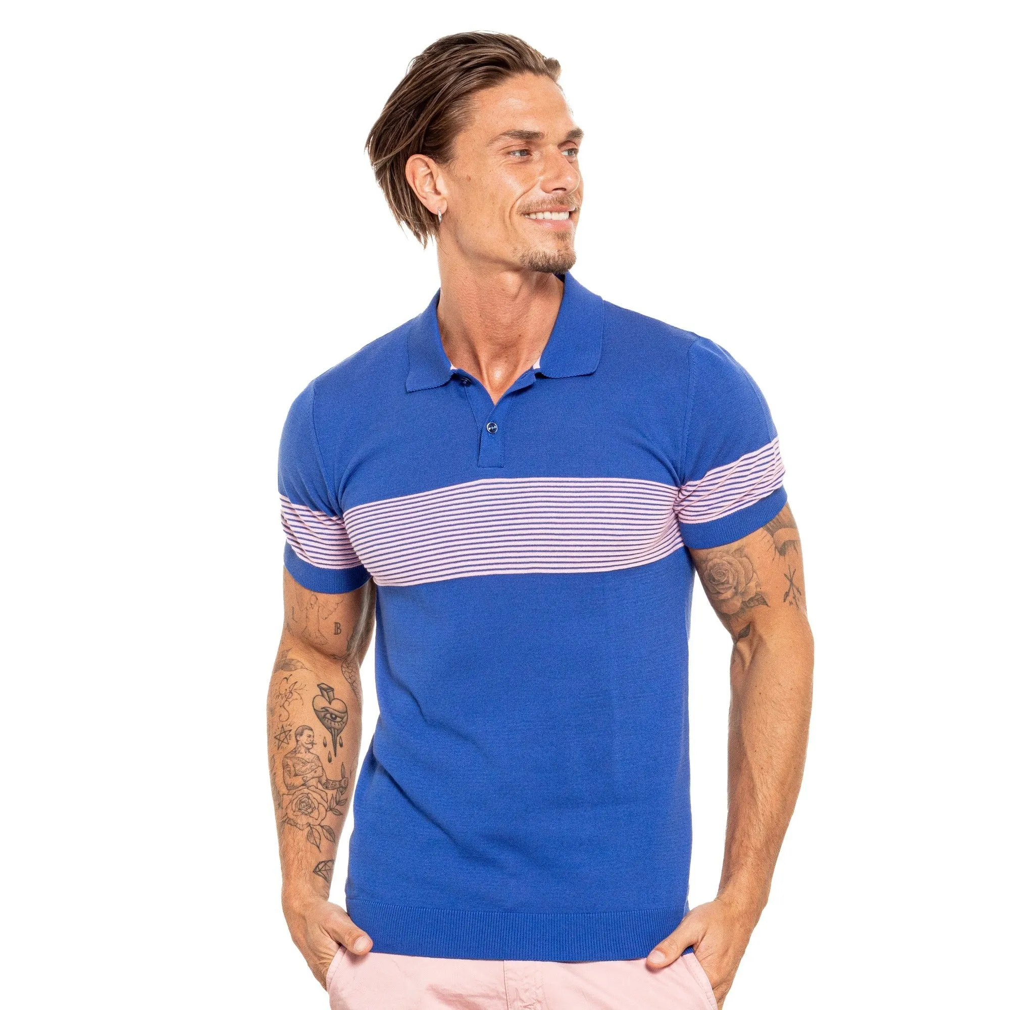 Striped Chest Knit Polo - Royal Blue