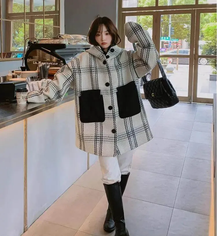 Stylish Plaid Winter Cape Coat for Women with Hood