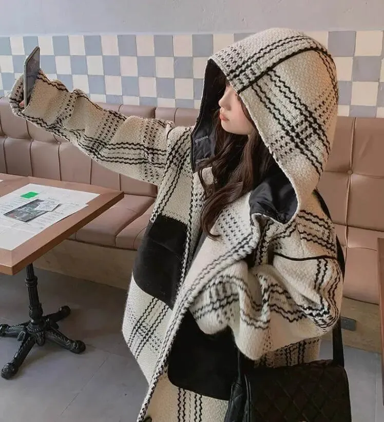 Stylish Plaid Winter Cape Coat for Women with Hood