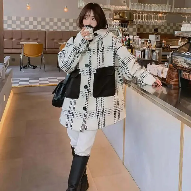 Stylish Plaid Winter Cape Coat for Women with Hood