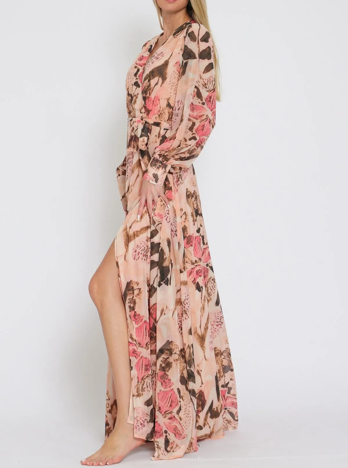 Sunset Bloom Sheer Long Sleeve Wrap Maxi Dress