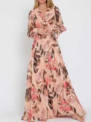 Sunset Bloom Sheer Long Sleeve Wrap Maxi Dress