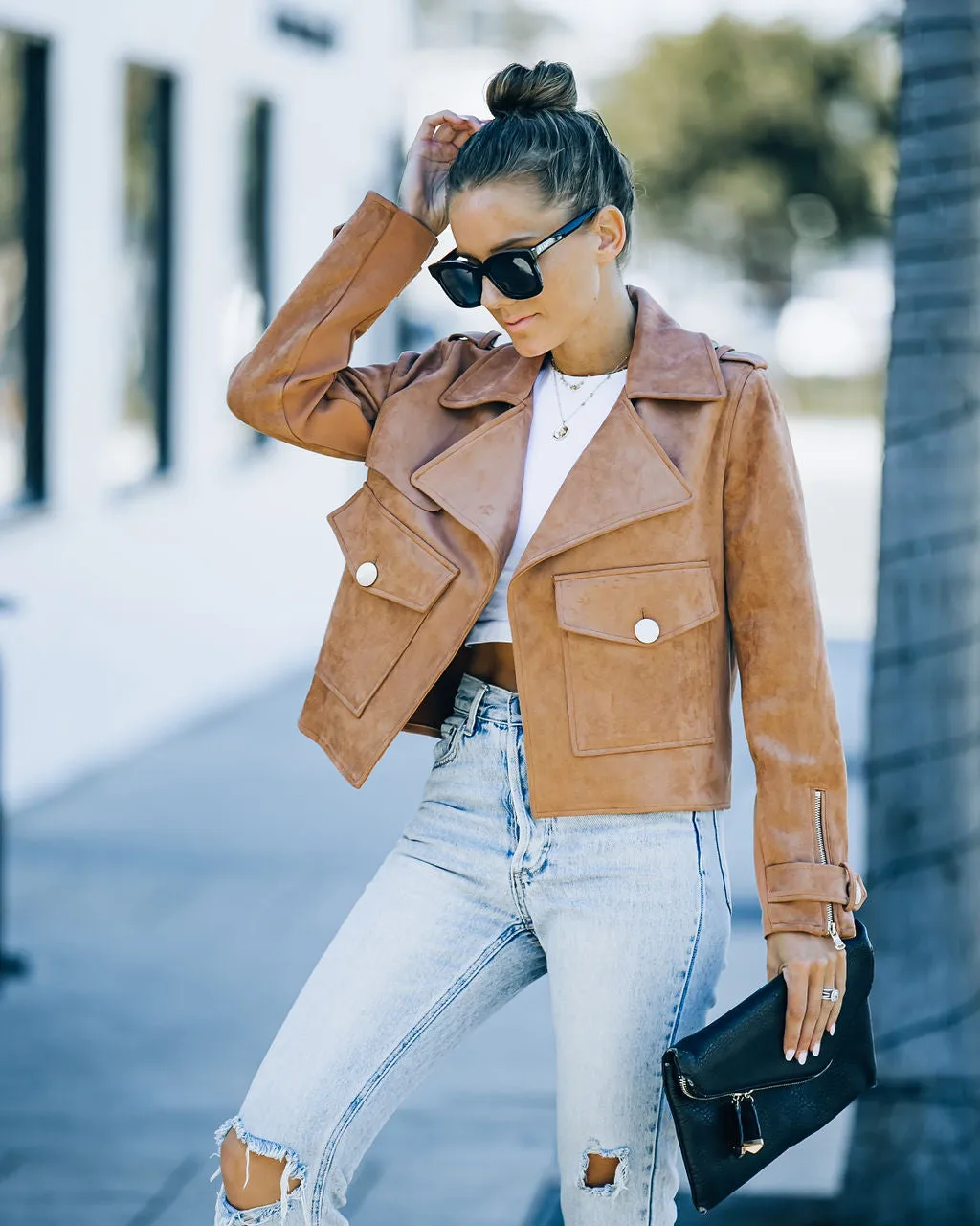 TastyHottie - Hosanna Pocketed Faux Suede Jacket - Camel