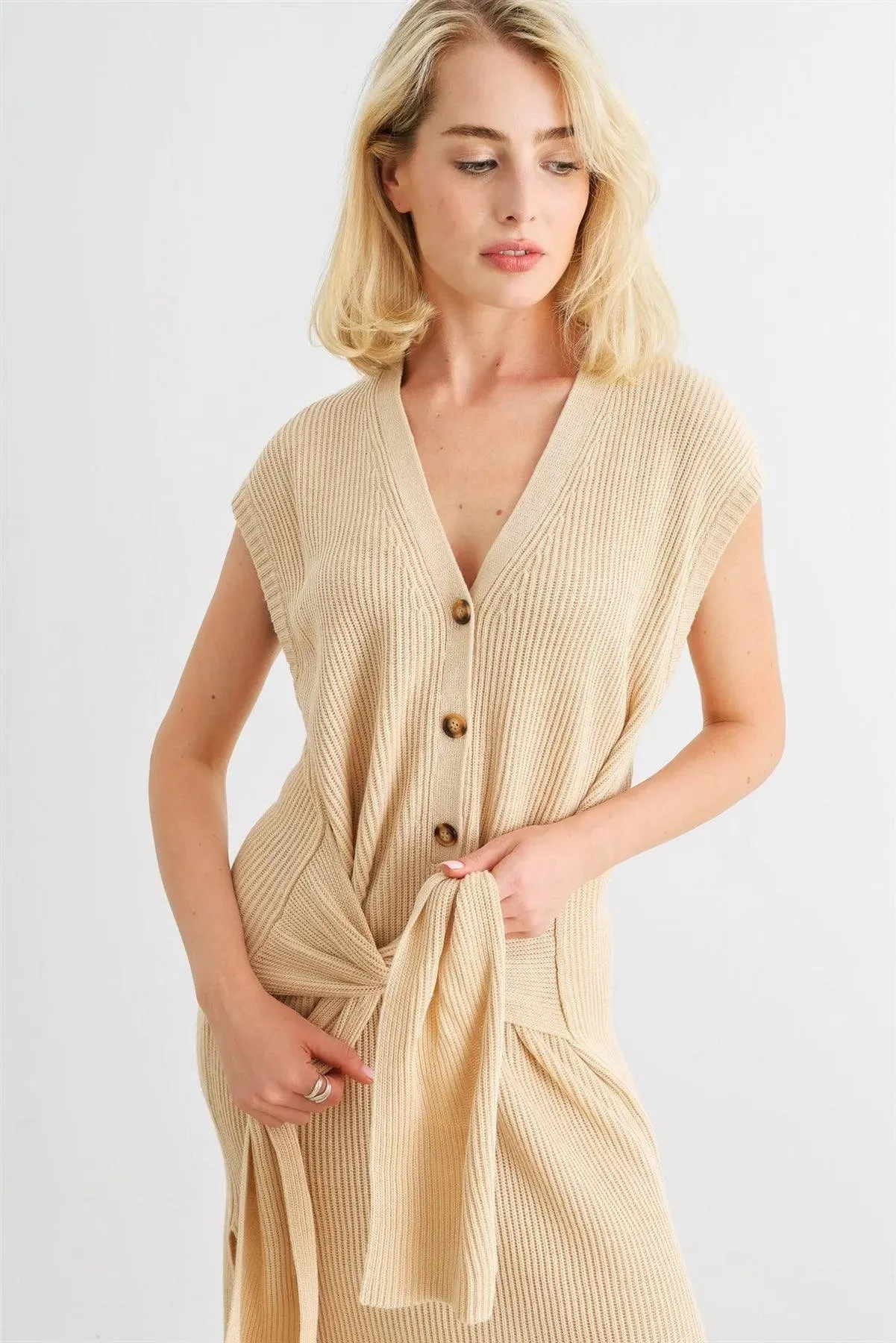 Taupe Knit Button-Up Sleeveless Belted Midi Sweater Dress /2-2-1