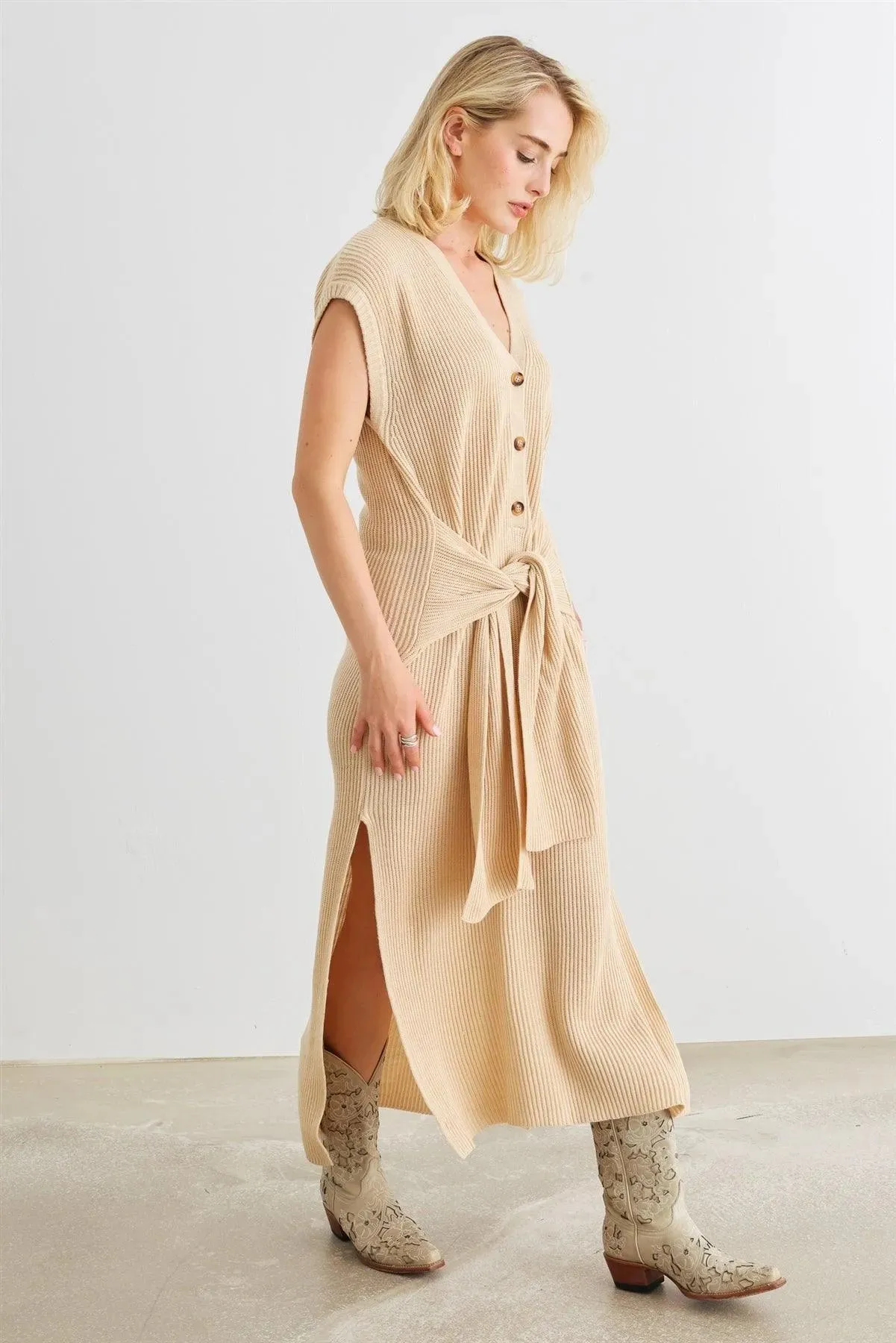 Taupe Knit Button-Up Sleeveless Belted Midi Sweater Dress /2-2-1