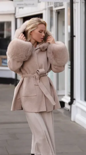 The London Cashmere & Fox Fur Belted/Cuffed Coat - Taupe