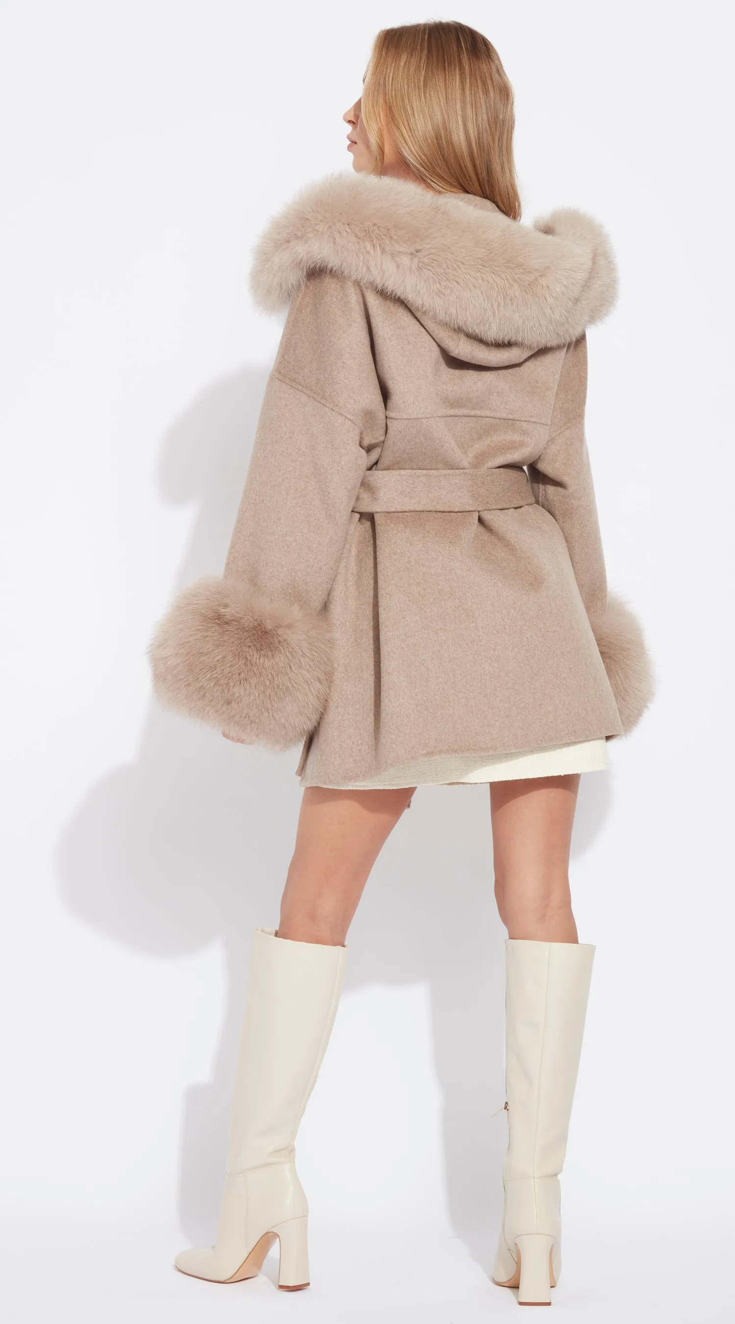 The London Cashmere & Fox Fur Belted/Cuffed Coat - Taupe