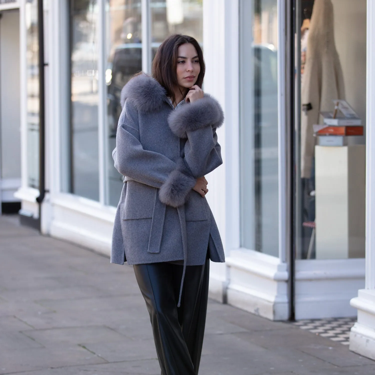 The London Cashmere & Fur Cuffed Belted Coat - Grey