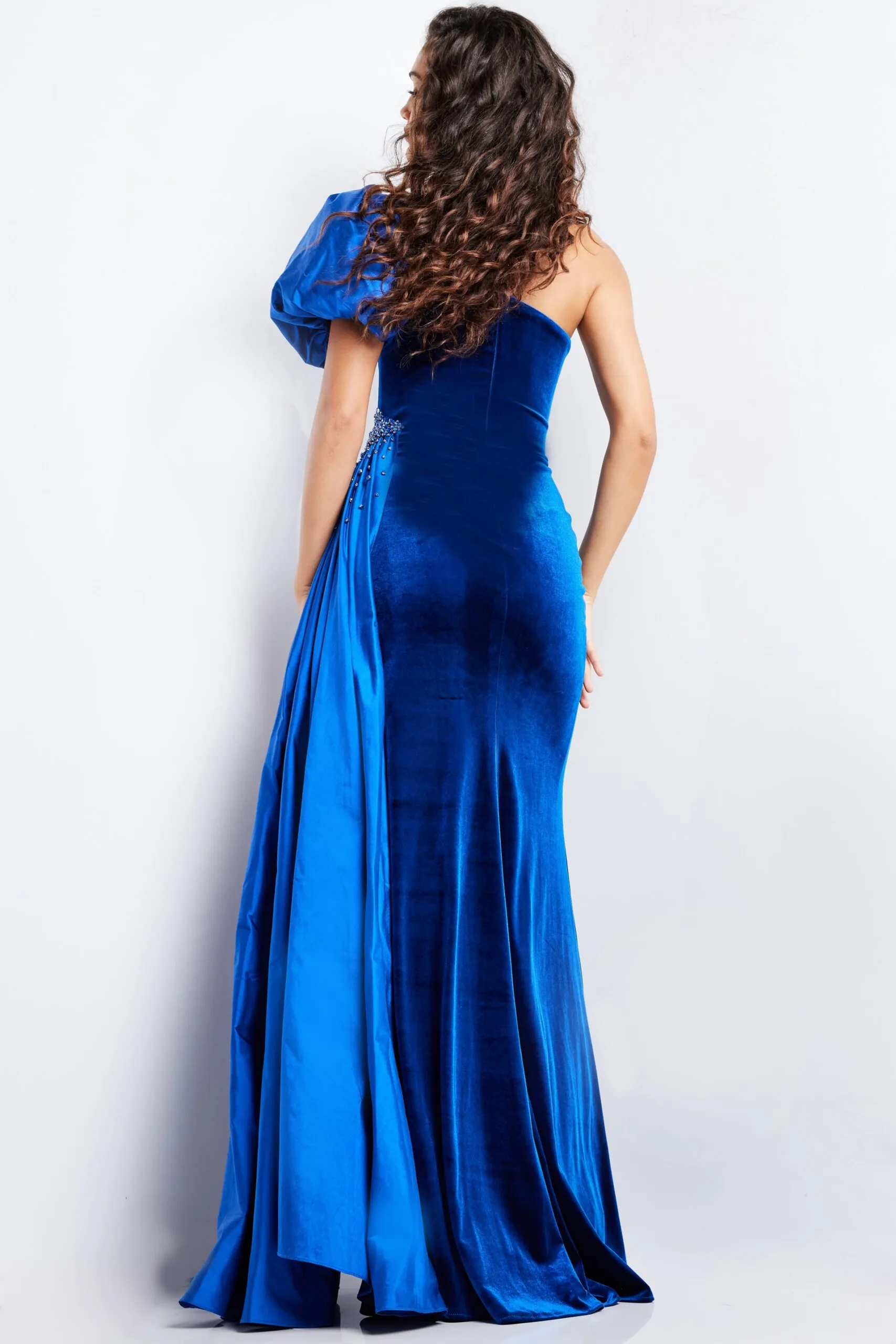 Velvet Fitted One Shoulder Slit Gown by Jovani 36878