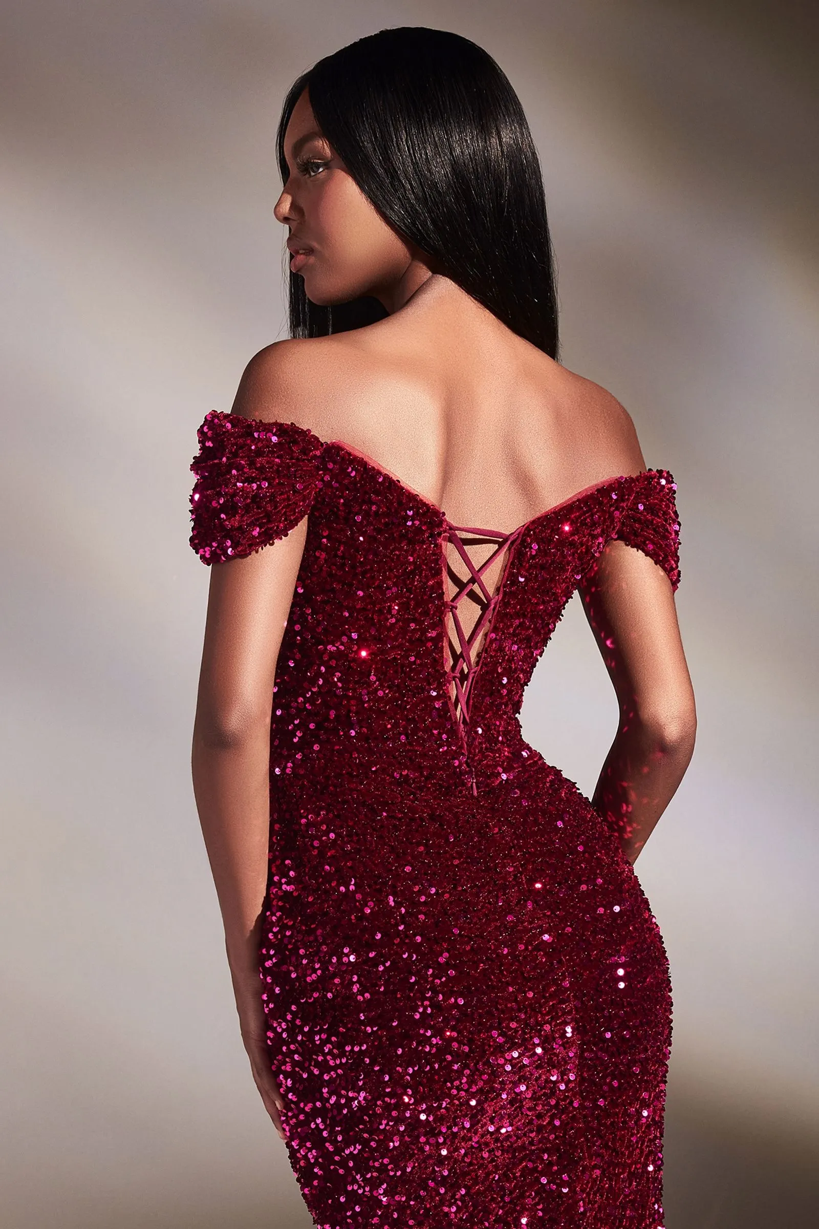 VELVET SEQUIN OFF THE SOULDER GOWN CDCA109