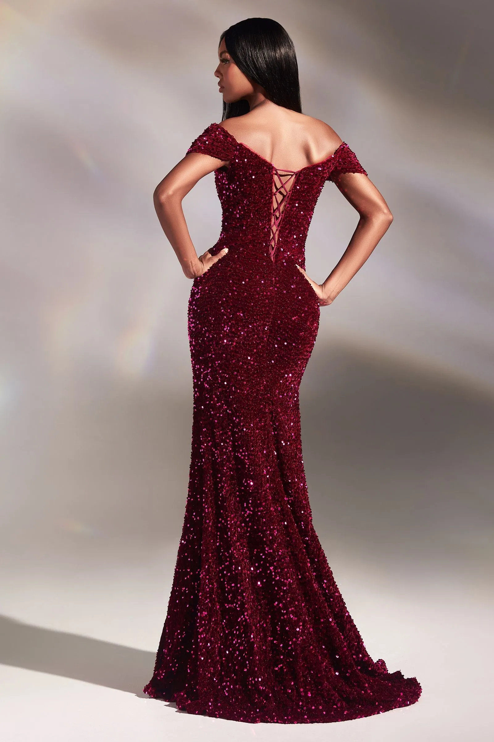 VELVET SEQUIN OFF THE SOULDER GOWN CDCA109