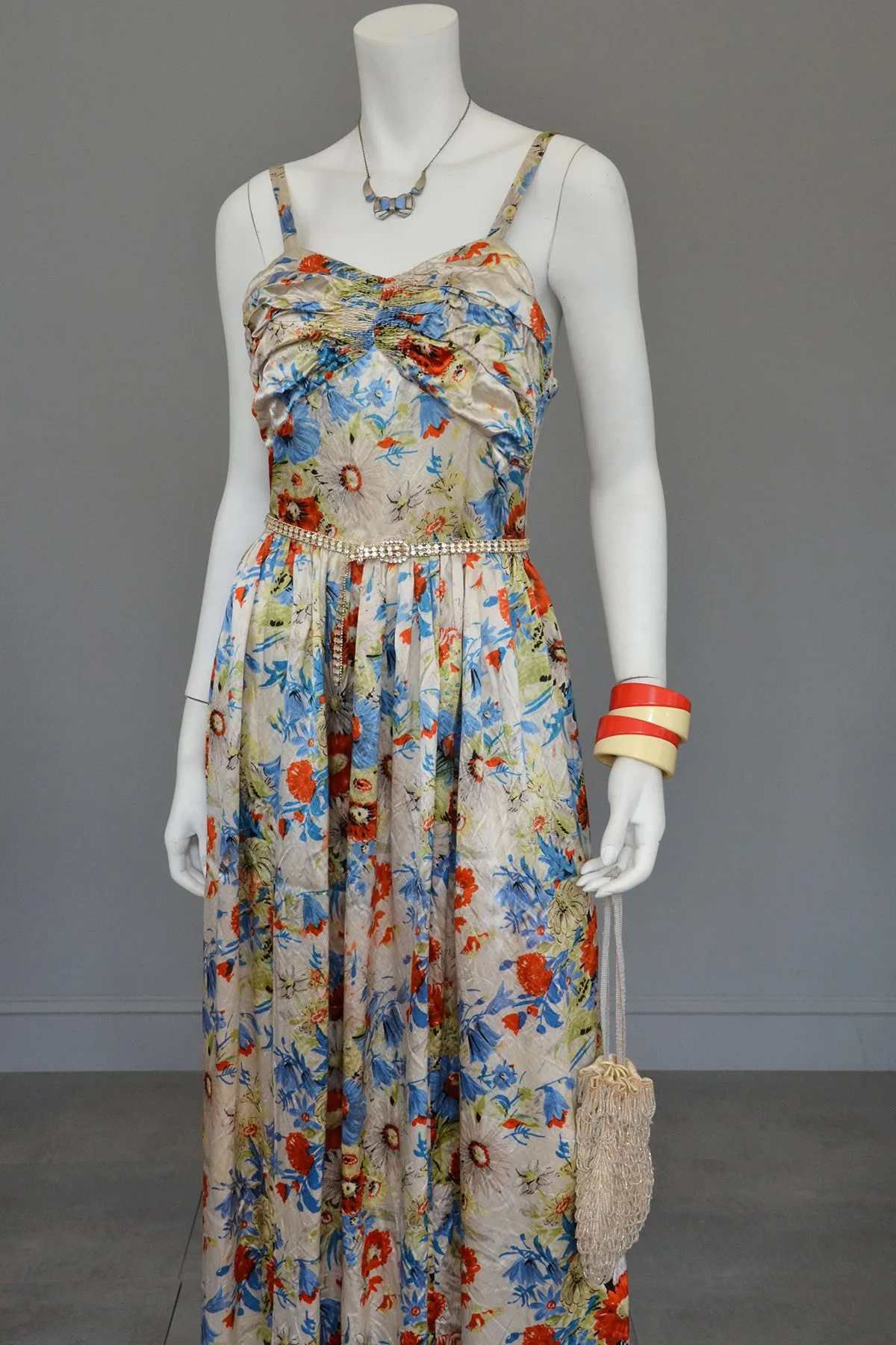 Vintage 1930s Floral Satin Gathered Bust Evening Gown