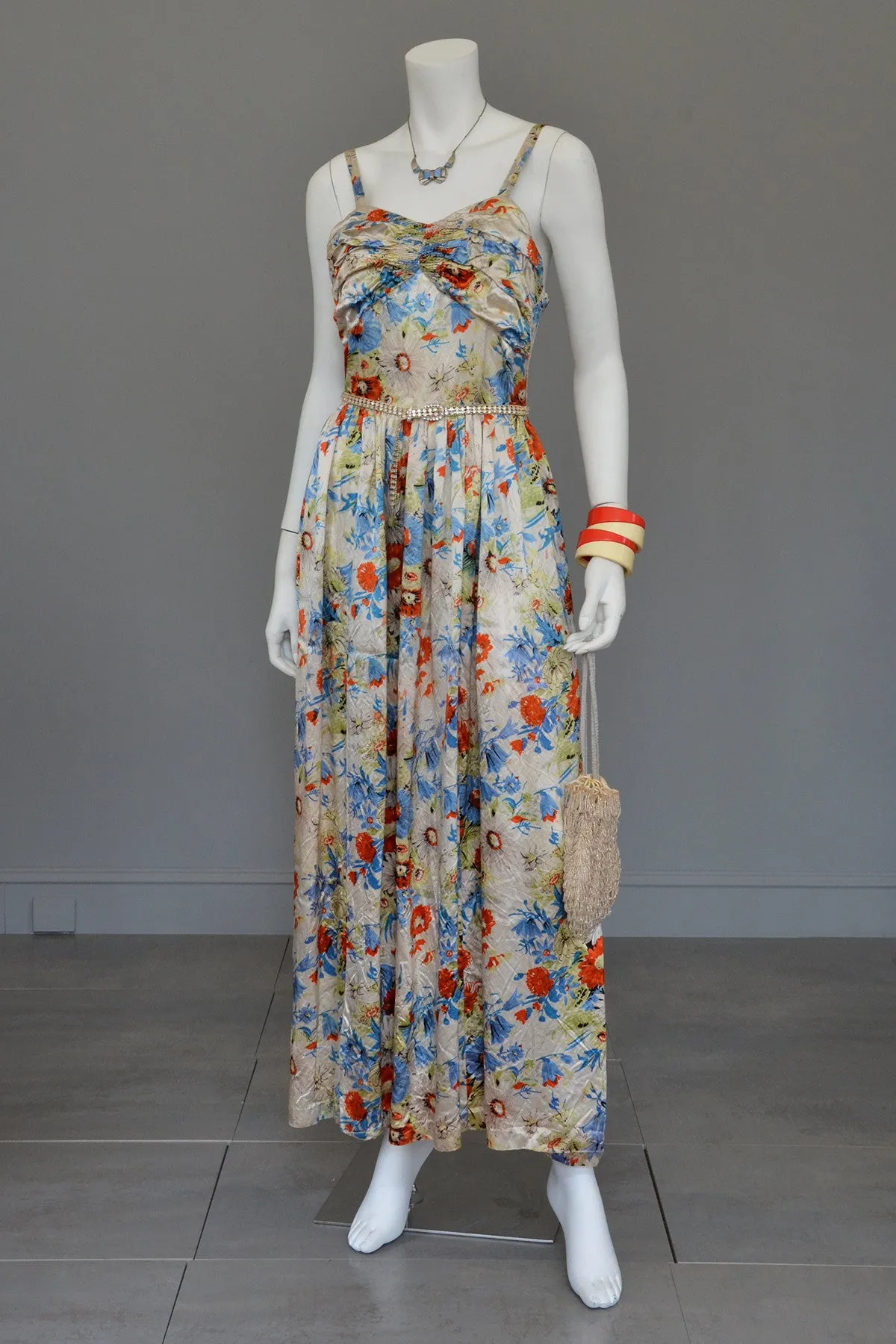 Vintage 1930s Floral Satin Gathered Bust Evening Gown