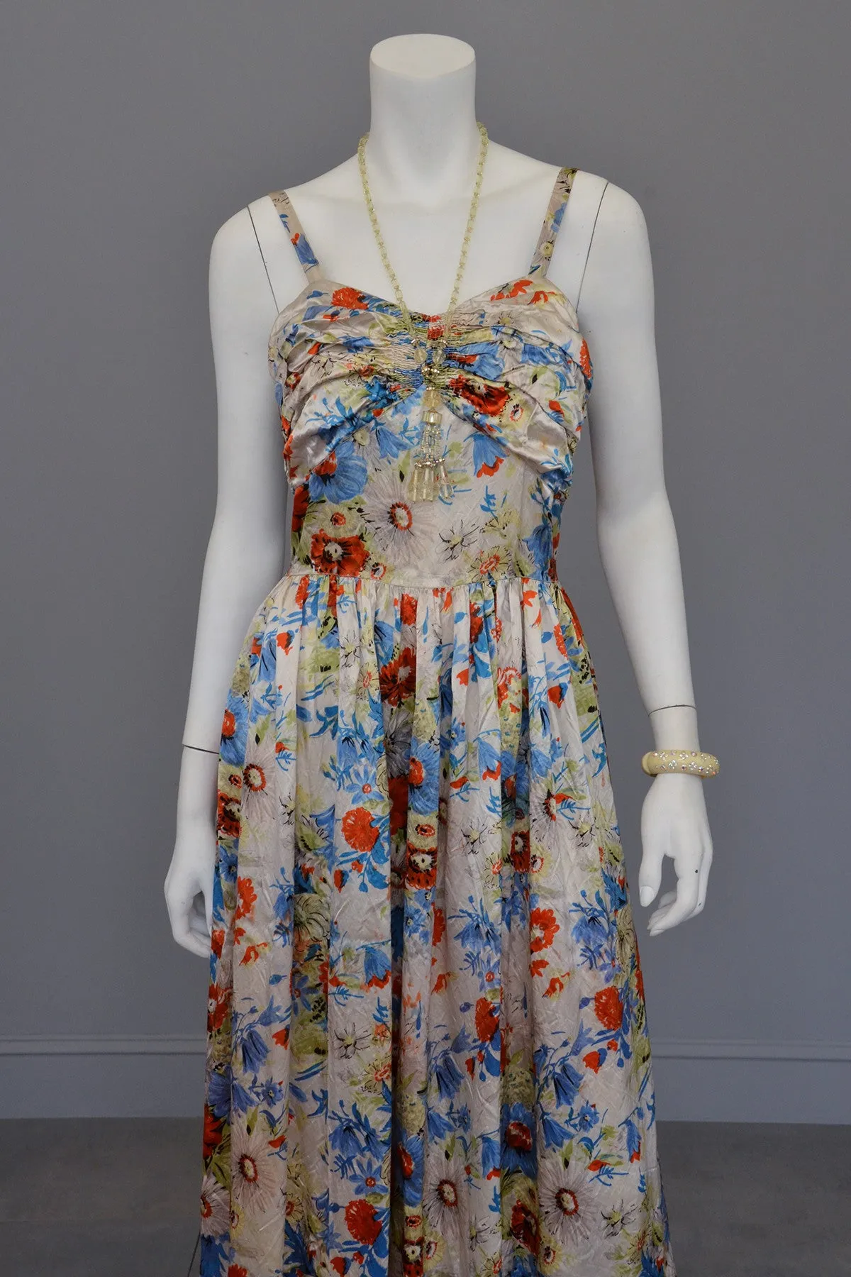 Vintage 1930s Floral Satin Gathered Bust Evening Gown