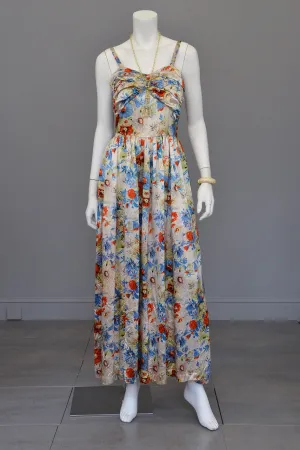 Vintage 1930s Floral Satin Gathered Bust Evening Gown