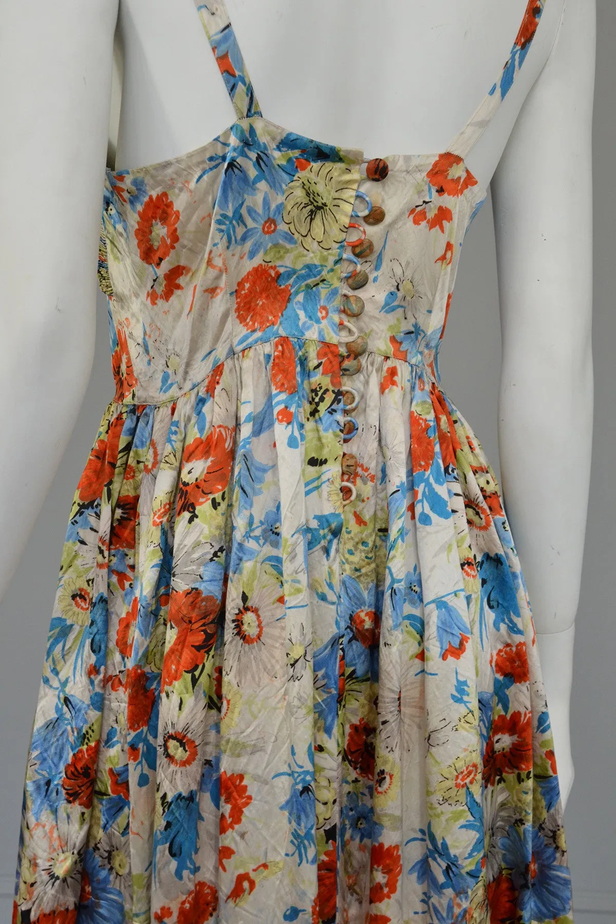 Vintage 1930s Floral Satin Gathered Bust Evening Gown