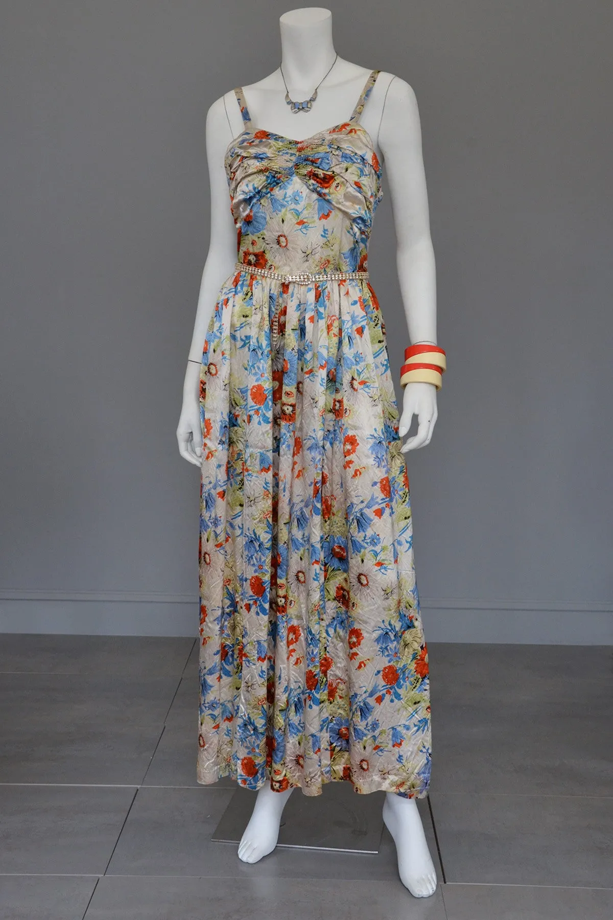 Vintage 1930s Floral Satin Gathered Bust Evening Gown