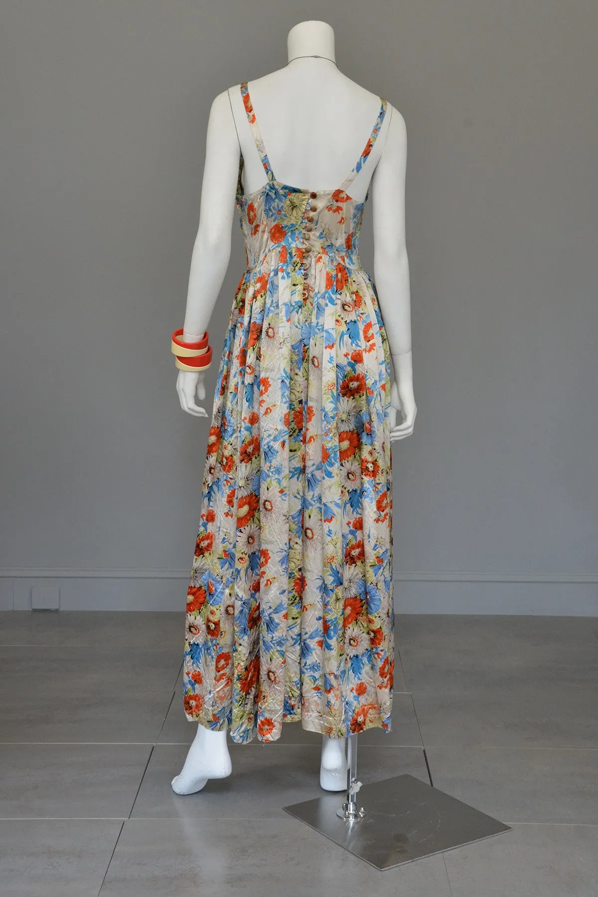 Vintage 1930s Floral Satin Gathered Bust Evening Gown