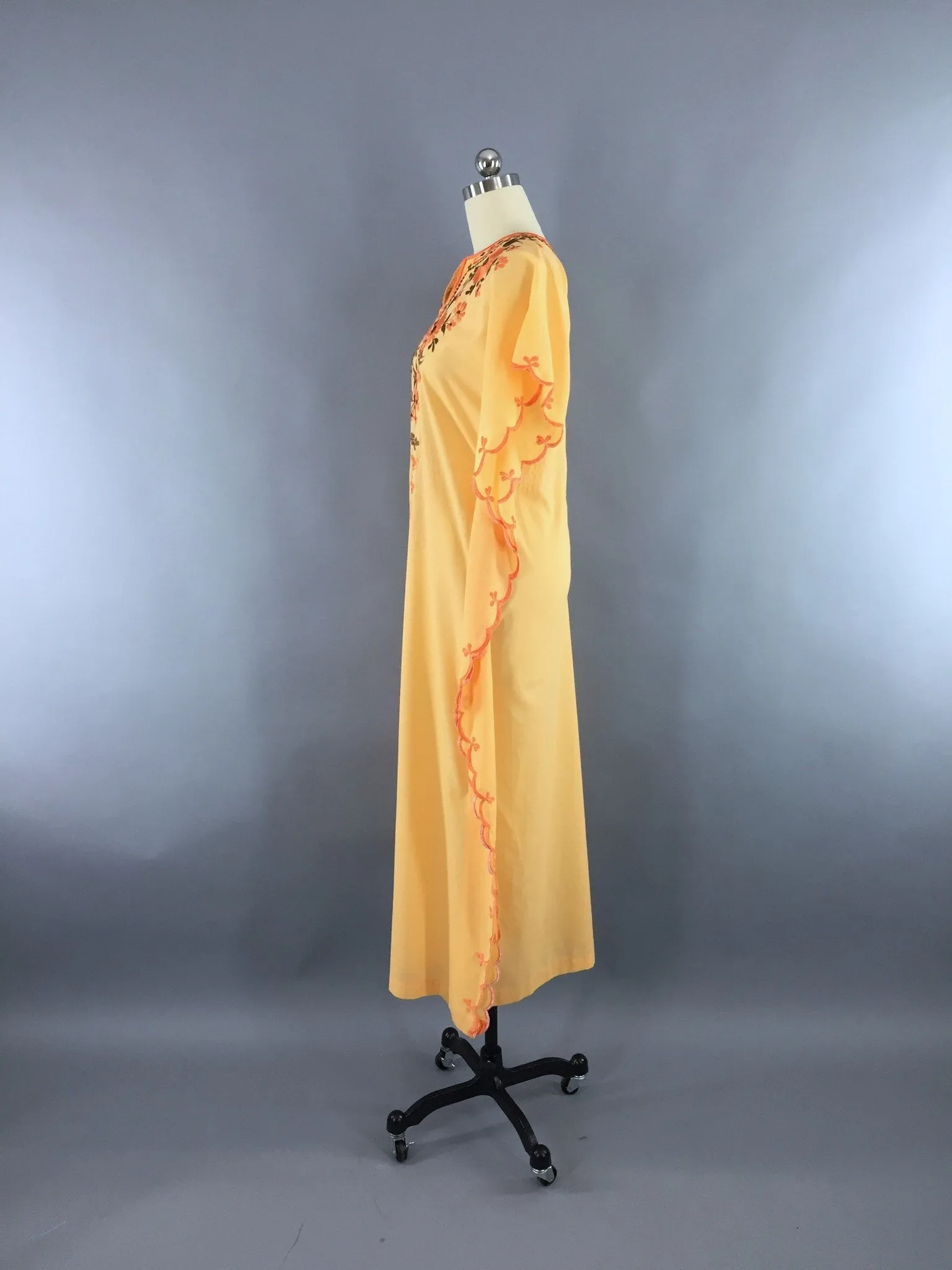 Vintage 1960s Caftan Dress / Orange Floral Embroidered Maxi Dress