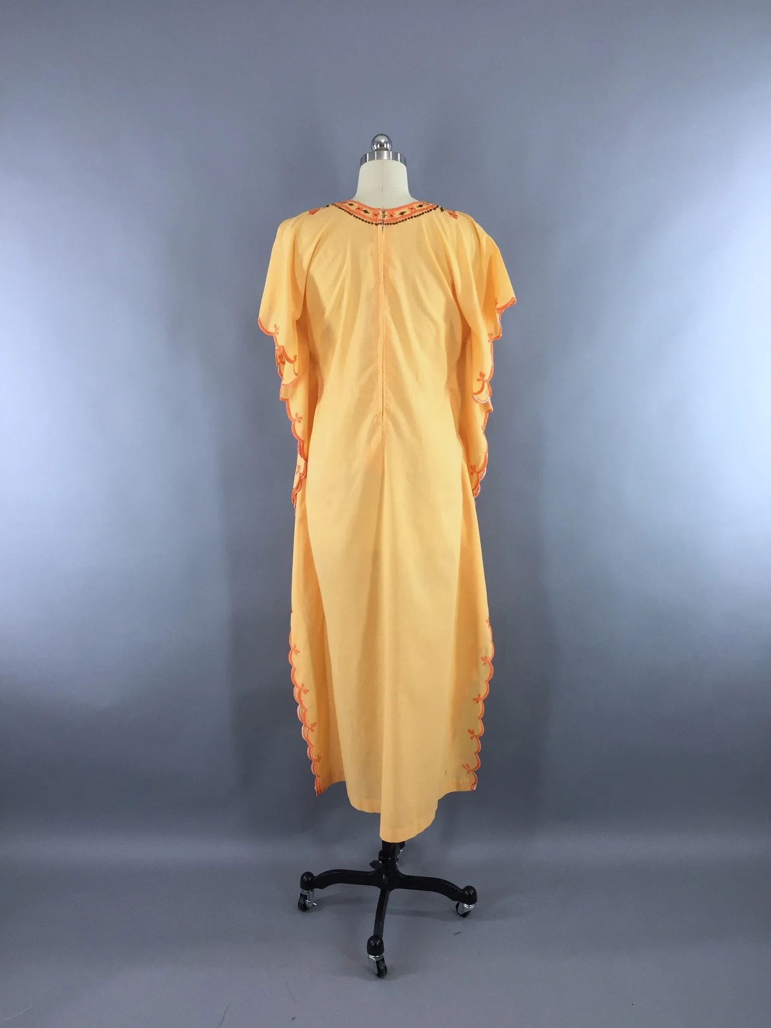 Vintage 1960s Caftan Dress / Orange Floral Embroidered Maxi Dress