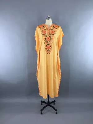 Vintage 1960s Caftan Dress / Orange Floral Embroidered Maxi Dress