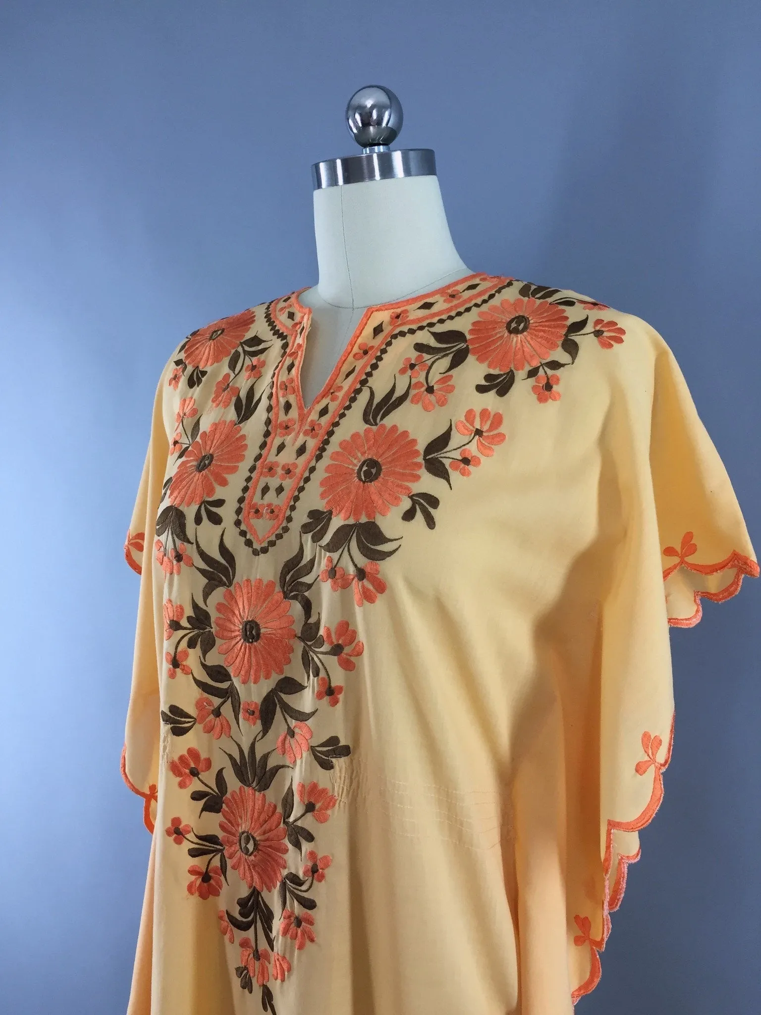 Vintage 1960s Caftan Dress / Orange Floral Embroidered Maxi Dress