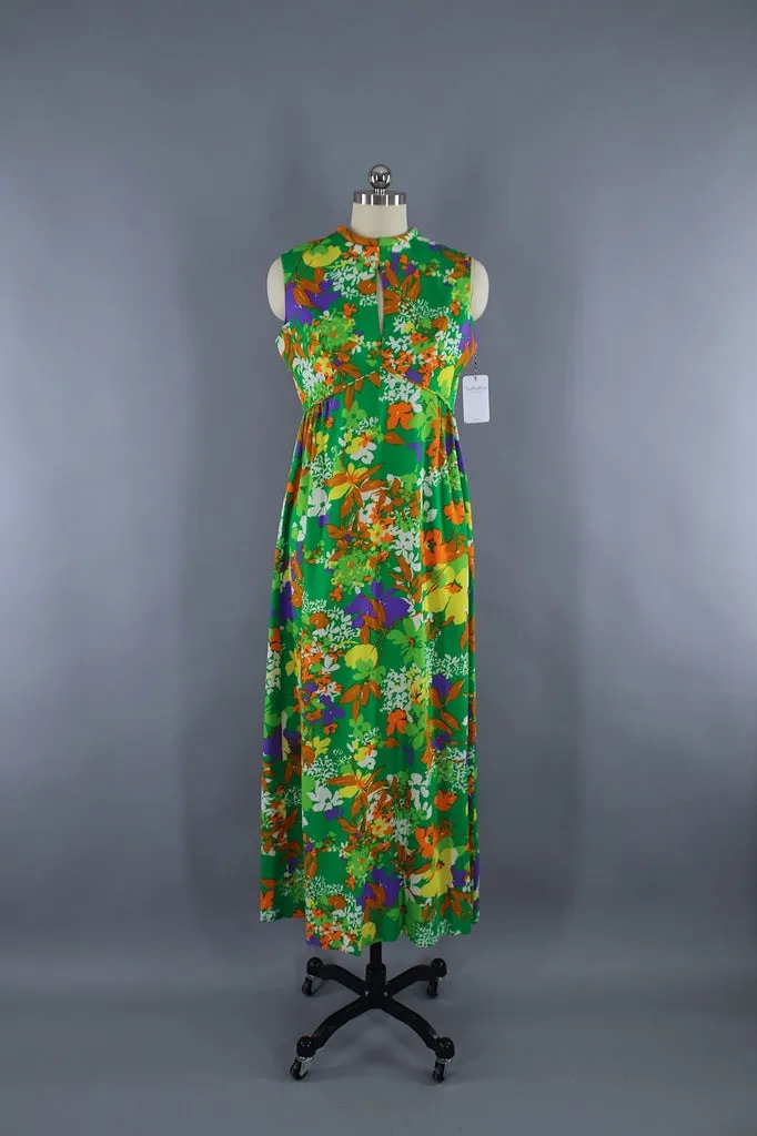 Vintage 1960s Green Floral Maxi Dress / LIBERTY HOUSE