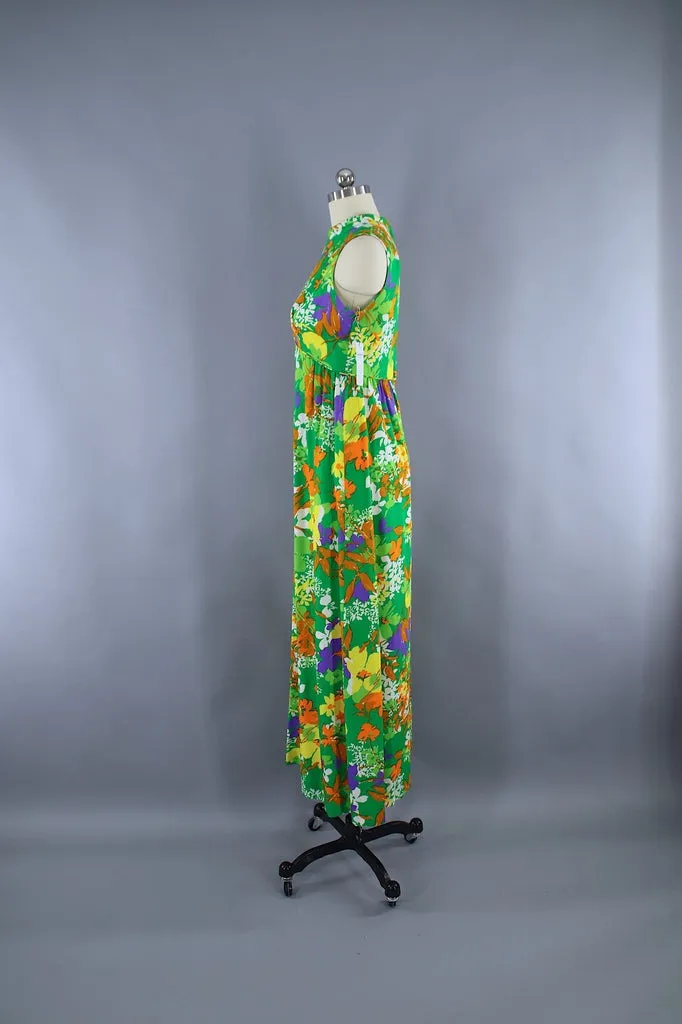 Vintage 1960s Green Floral Maxi Dress / LIBERTY HOUSE