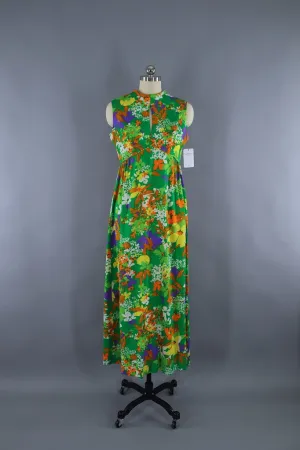 Vintage 1960s Green Floral Maxi Dress / LIBERTY HOUSE