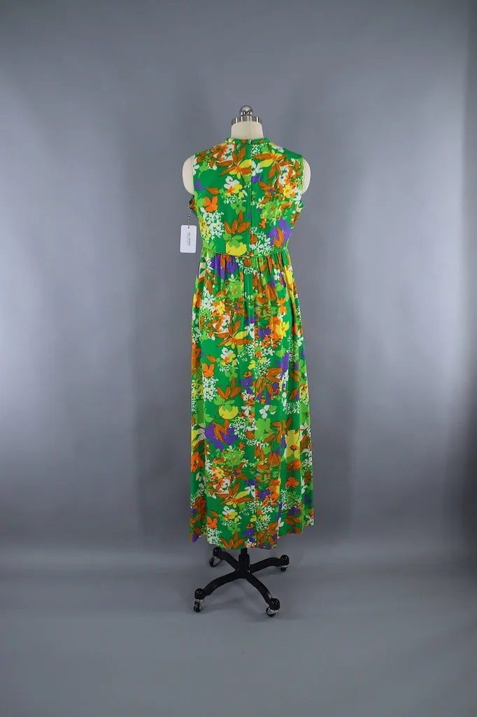 Vintage 1960s Green Floral Maxi Dress / LIBERTY HOUSE