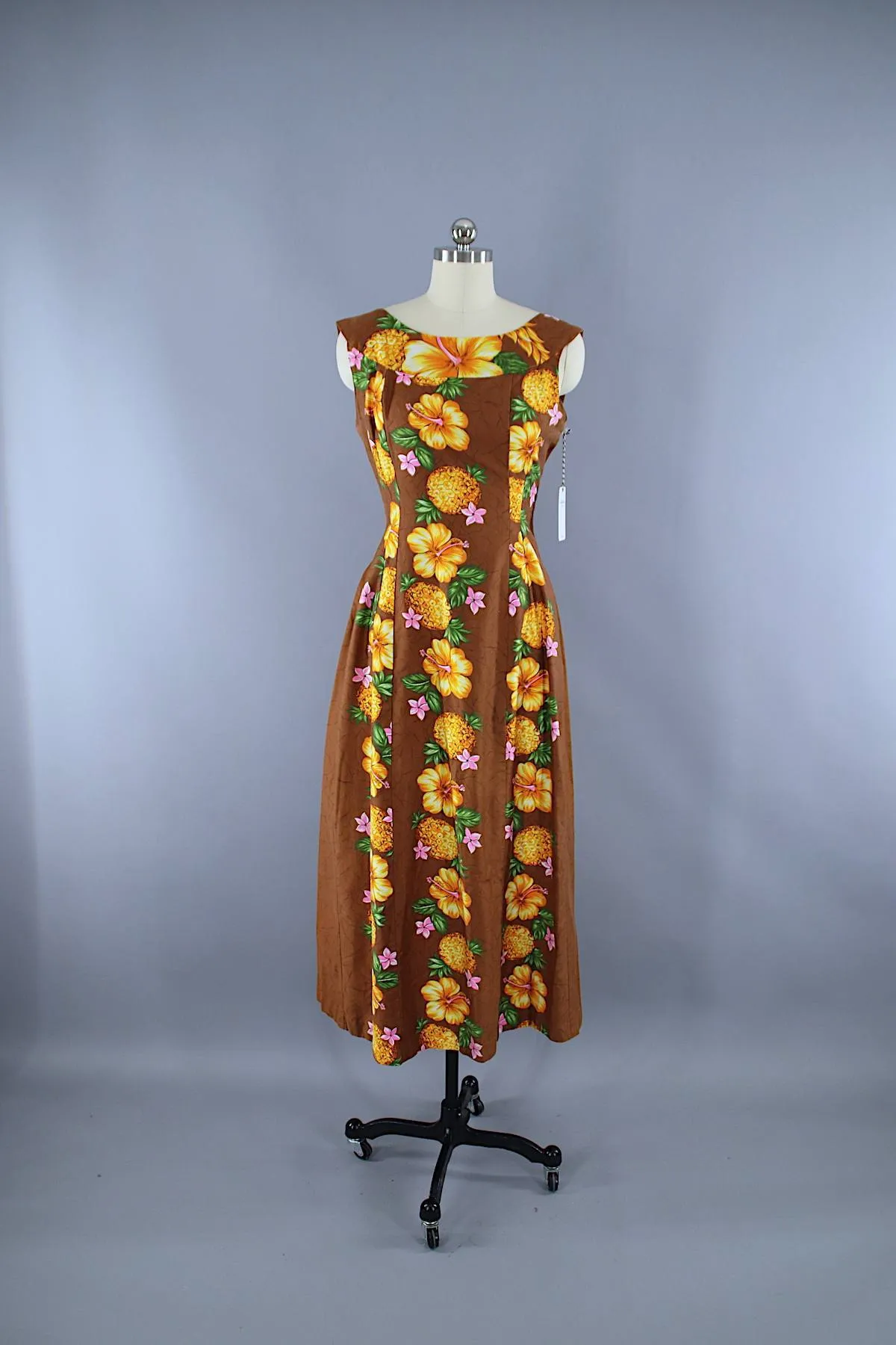 Vintage 1960s Hawaiian Paradise Maxi Dress / Brown Floral Print