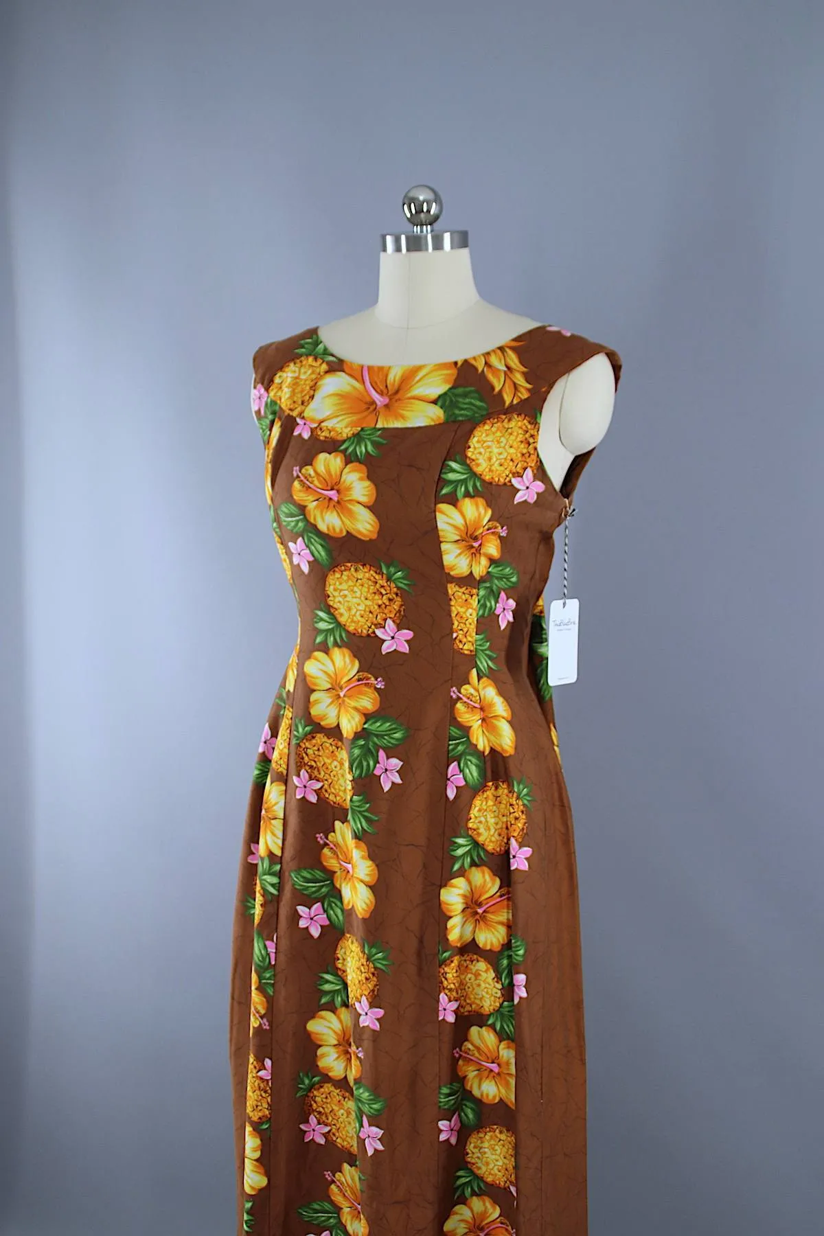 Vintage 1960s Hawaiian Paradise Maxi Dress / Brown Floral Print