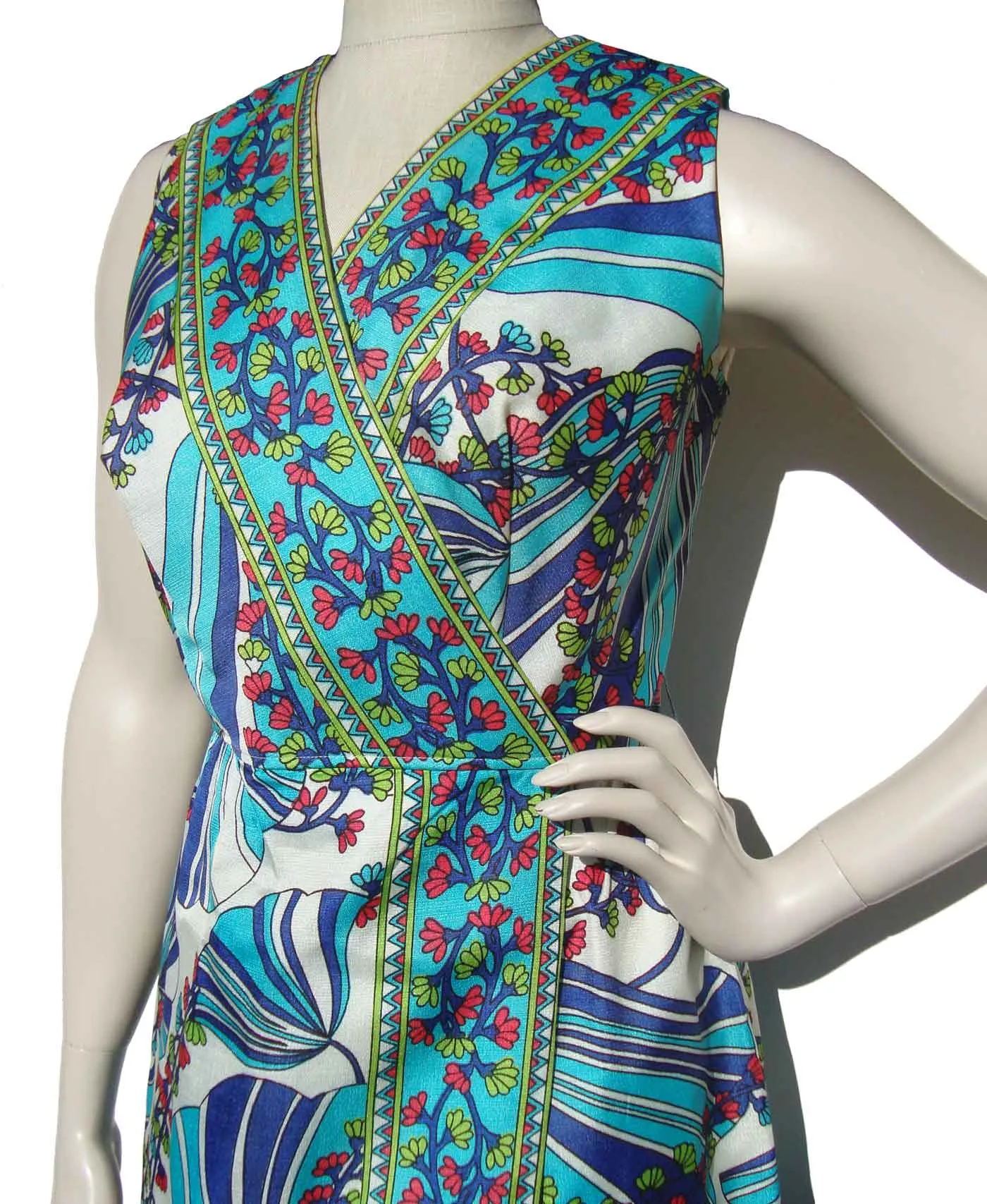 Vintage 60s Maxi Dress Pop Art Blue & Turquoise Floral Border Print L