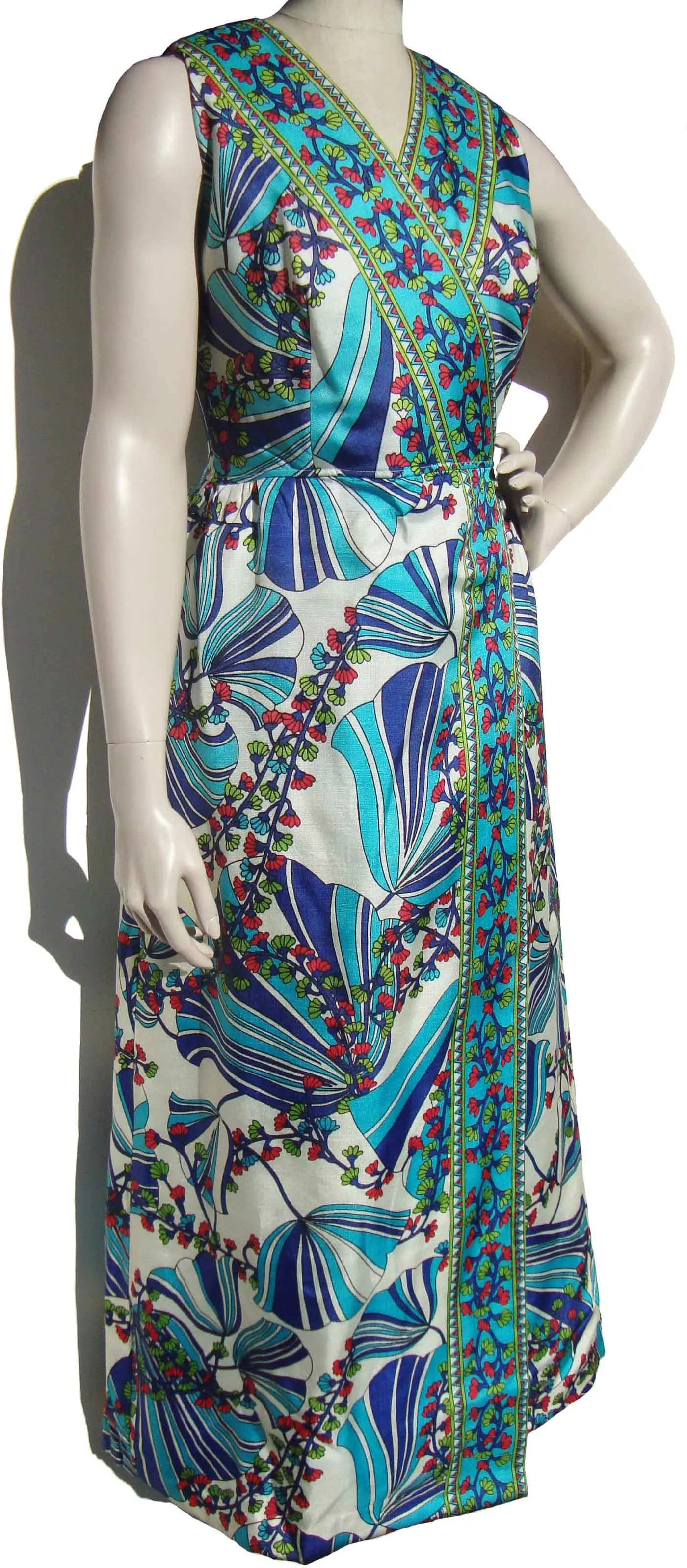 Vintage 60s Maxi Dress Pop Art Blue & Turquoise Floral Border Print L