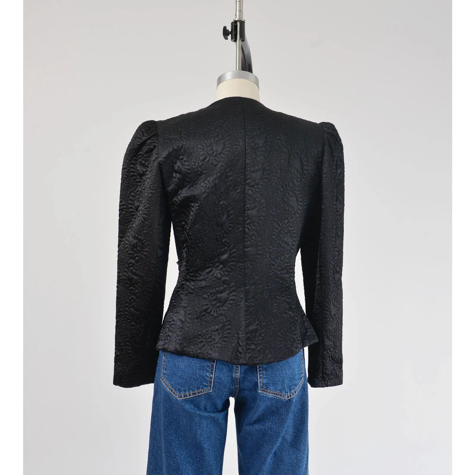 Vintage 80s Black Satin Quilted Puff Sleeve Blouse Embroidered Paisley Nipped Waist Jacket Top with Bow size S M