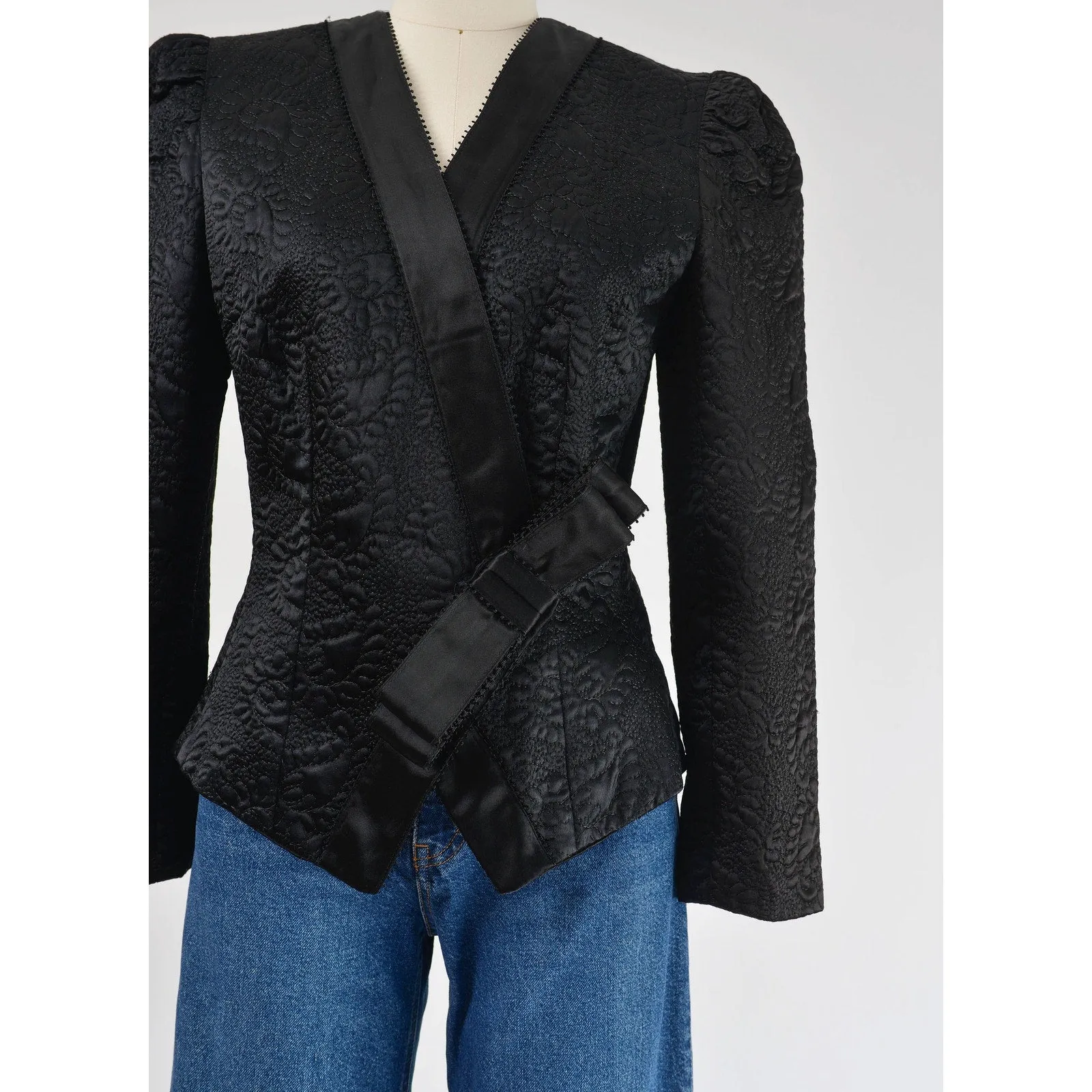 Vintage 80s Black Satin Quilted Puff Sleeve Blouse Embroidered Paisley Nipped Waist Jacket Top with Bow size S M