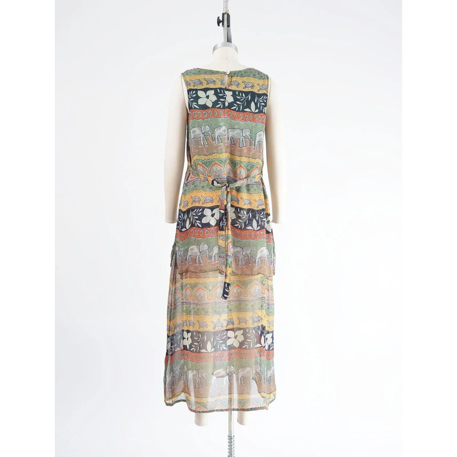 Vintage 90s Sheer Ethnic Boho Dress Elephant and Turtle Print Sleeveless Layered Maxi Dress size S M