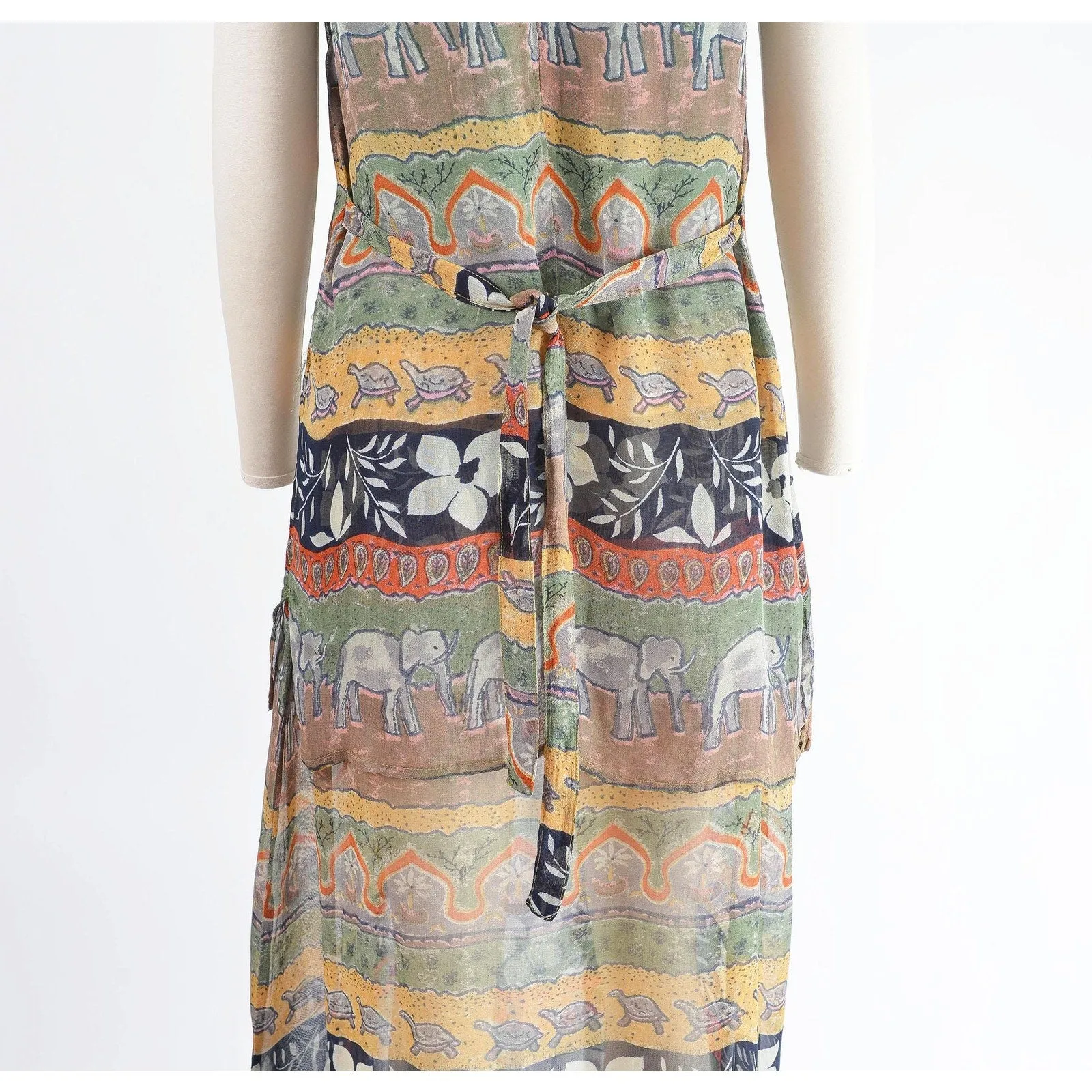 Vintage 90s Sheer Ethnic Boho Dress Elephant and Turtle Print Sleeveless Layered Maxi Dress size S M