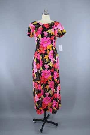 Vintage Pink & Black Hawaiian Maxi Dress