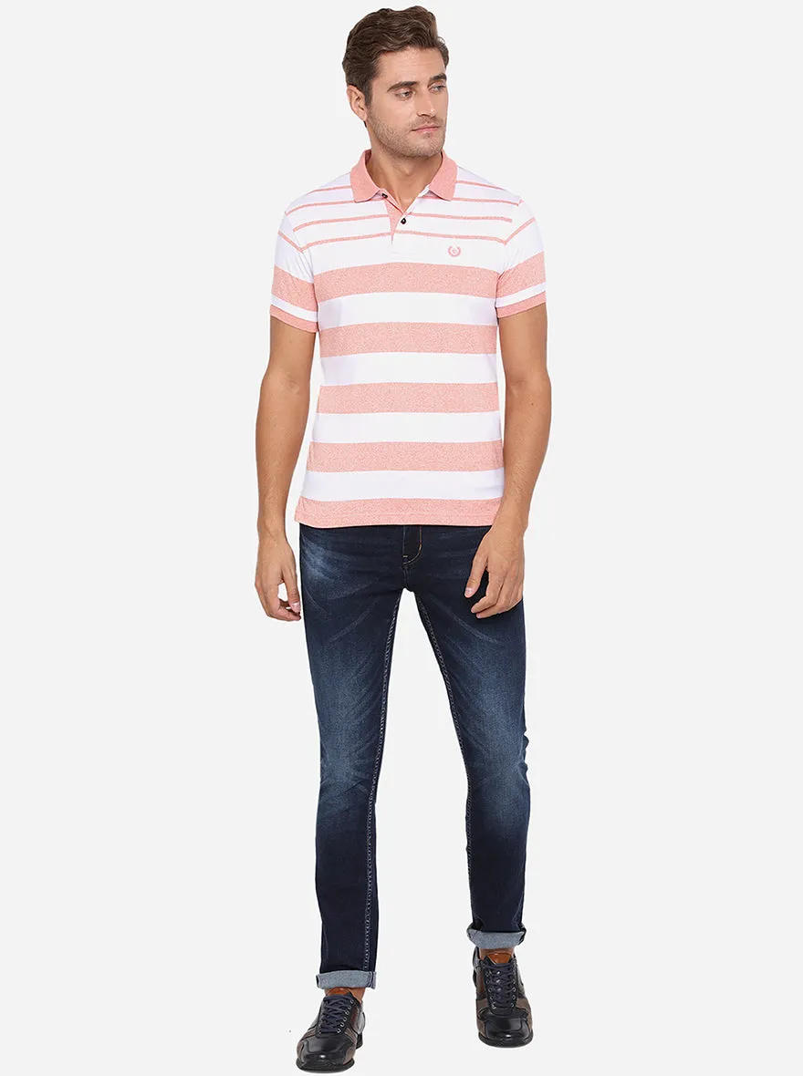 White & Peach Striped Slim Fit Polo T-Shirt | Greenfibre