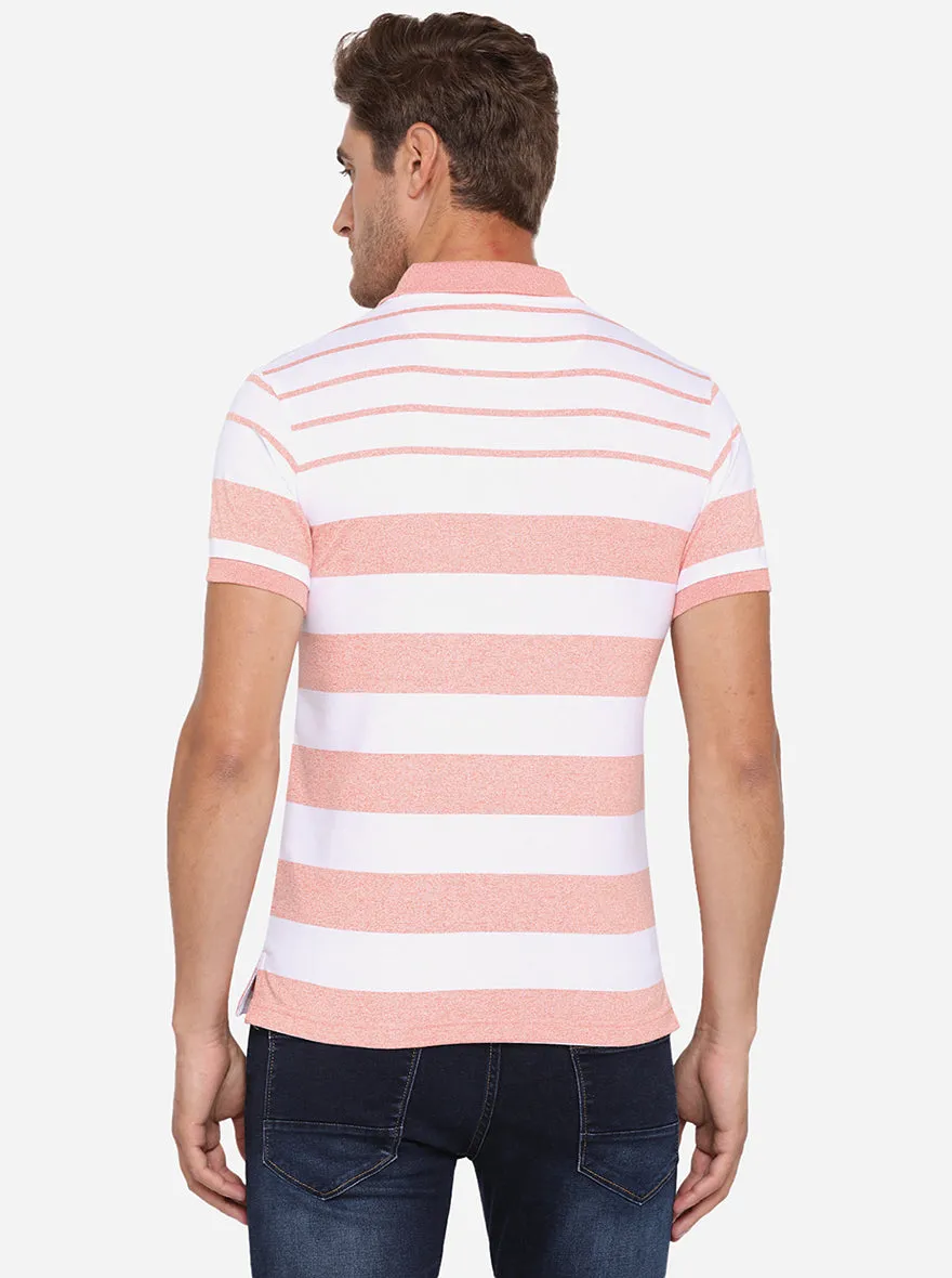 White & Peach Striped Slim Fit Polo T-Shirt | Greenfibre