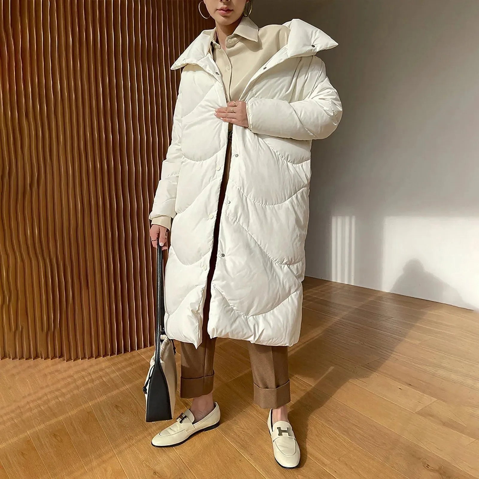 White Big Collar Front Slap Closure Long Down Puffer Coat