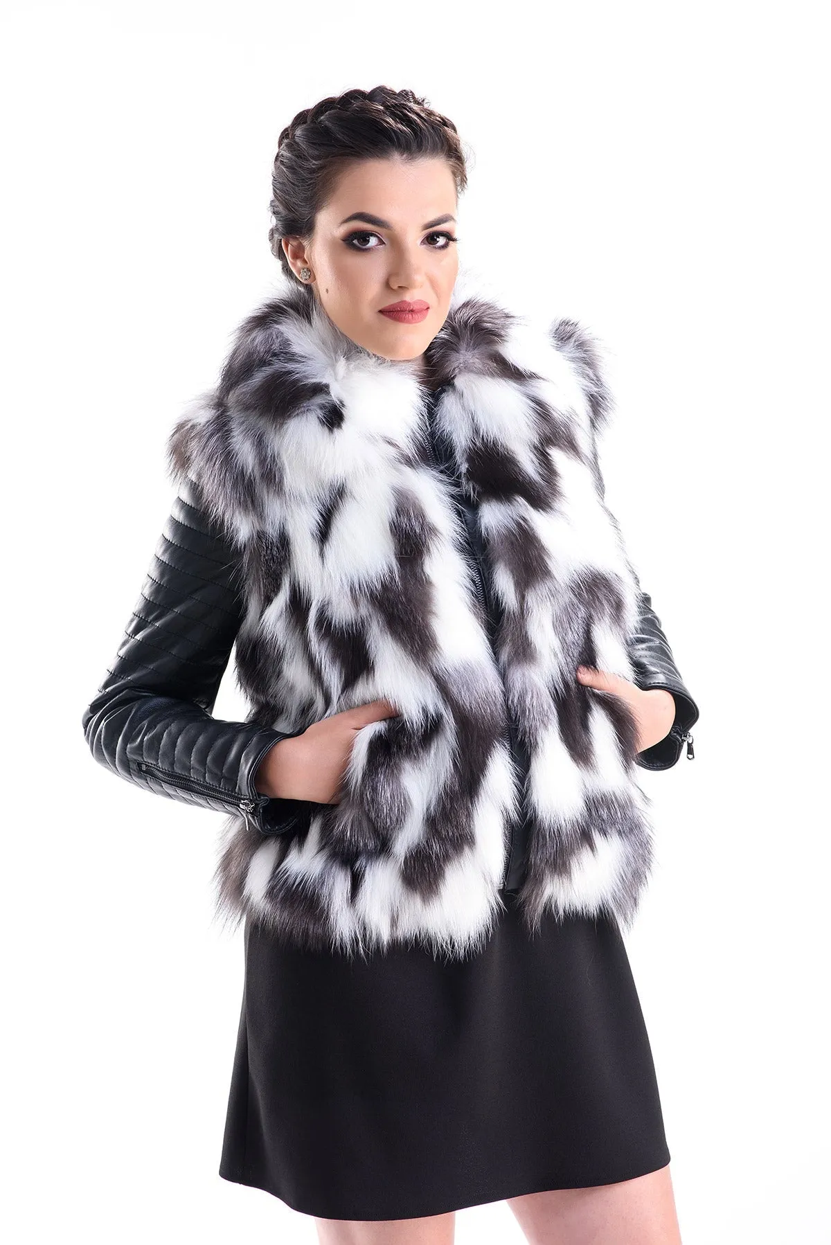 White Black Genuine Arctic Fox Fur Lamb Nappa Leather Jacket