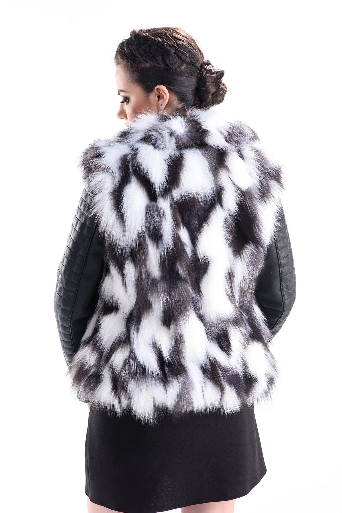 White Black Genuine Arctic Fox Fur Lamb Nappa Leather Jacket