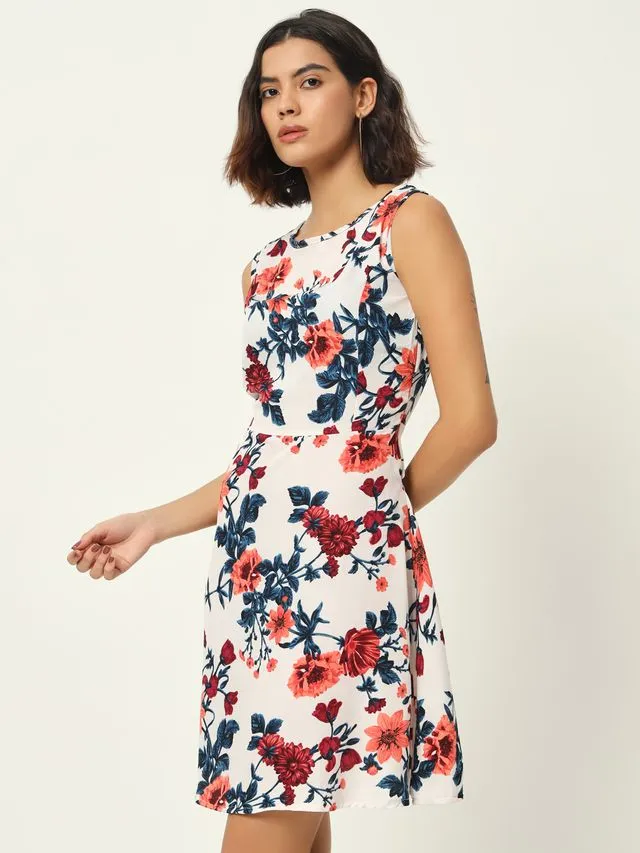 White Floral Print Sleeveless Dress