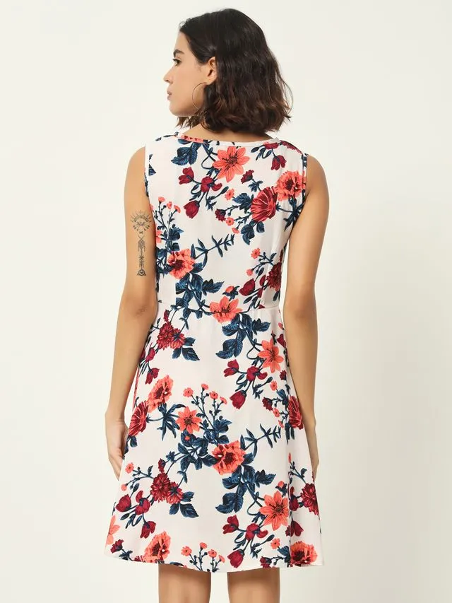 White Floral Print Sleeveless Dress